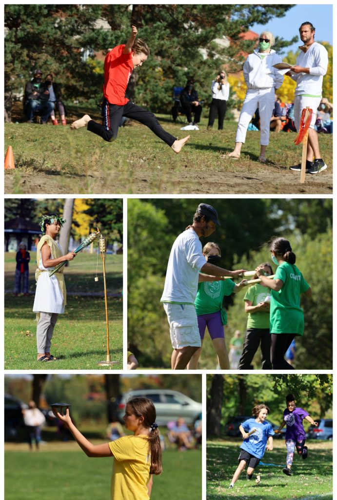 Zeus lights the torch, and the games begin! A student seemingly flies through the air in long jump; another student concentrates on her discus before releasing it to the sky; two students race around the bend, baton in hand.