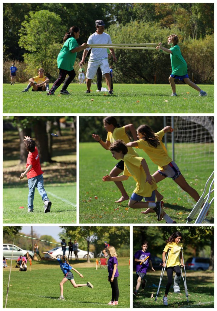 Physically distant wrestling? Who knew! Another student watches as his discus soars; three students take off on their relay race; another student releases her javelin with beauty and power; a student on crutches gamely (and carefully) races along with her classmates.