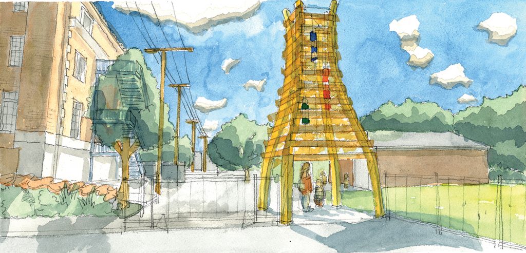 Proposed Bell Tower for the play yard renovation. Watercolor rendering by Matt Sletten.