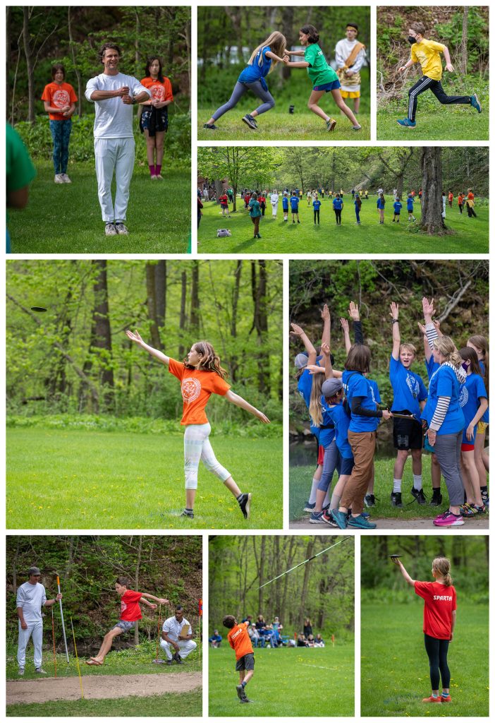 Scenes from the Pentathlon: students throwing the javelin, running, doing the long jump, holding the discus, throwing the discus, cheering each other on. Their rainbow-colored city-state t-shirts really "pop" against the lush green backdrop.