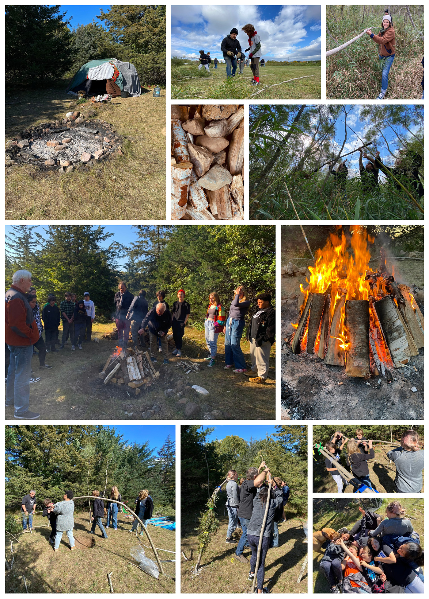 Photos of the students building the lodge; carrying willows, building the fire with Miguel