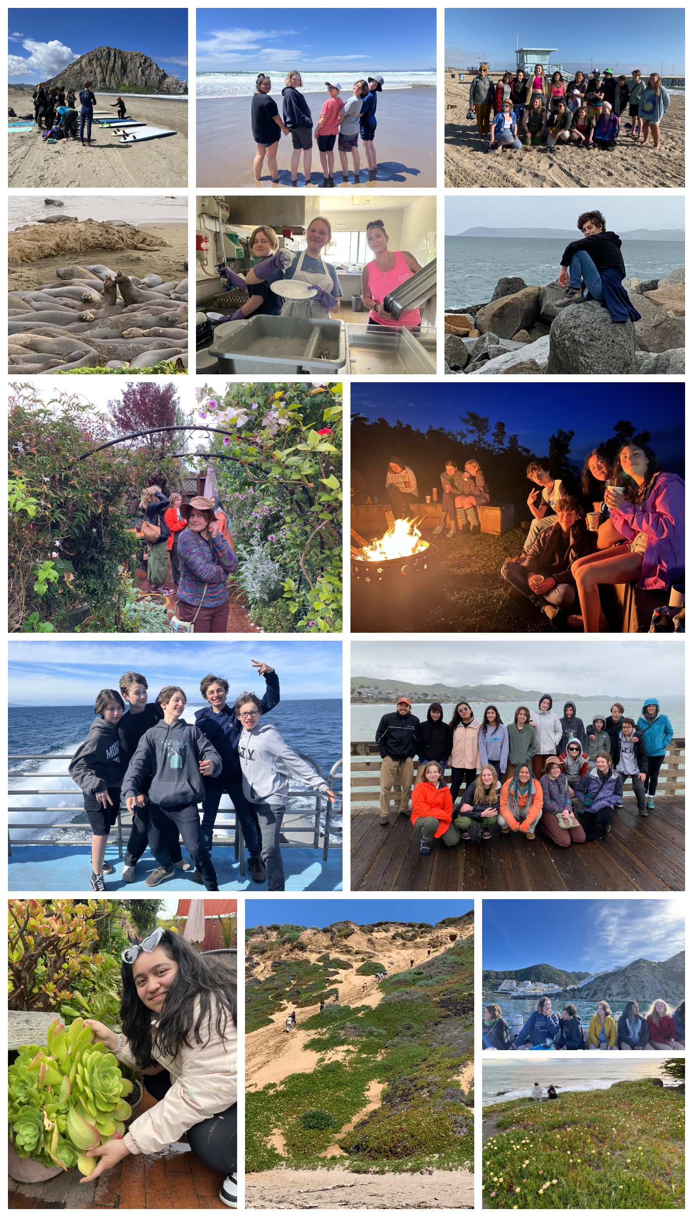 Photos of the students on their trip to CA; hiking, bonfiring, working, and learning.