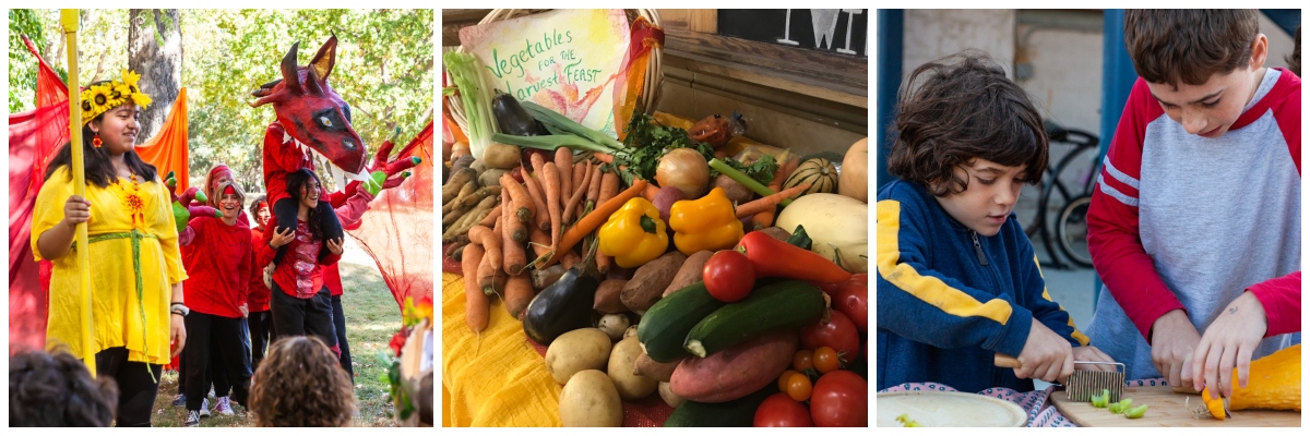 Photos from our autumn festival: students performing in the pageant, a plethora of veggies await the soup pot, and an older student helps a younger student chop vegetables