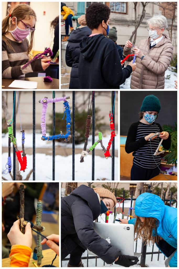 Scenes from the 5th grade: busy hands hard at work crafting each letter of "the fierce urgency of now" out of twigs and yarn; students excitedly crowd around a laptop to say "hello" to their classmate who is learning from home; the entire class stands behind the fence, showing peace signs and thumbs up for their new installation!