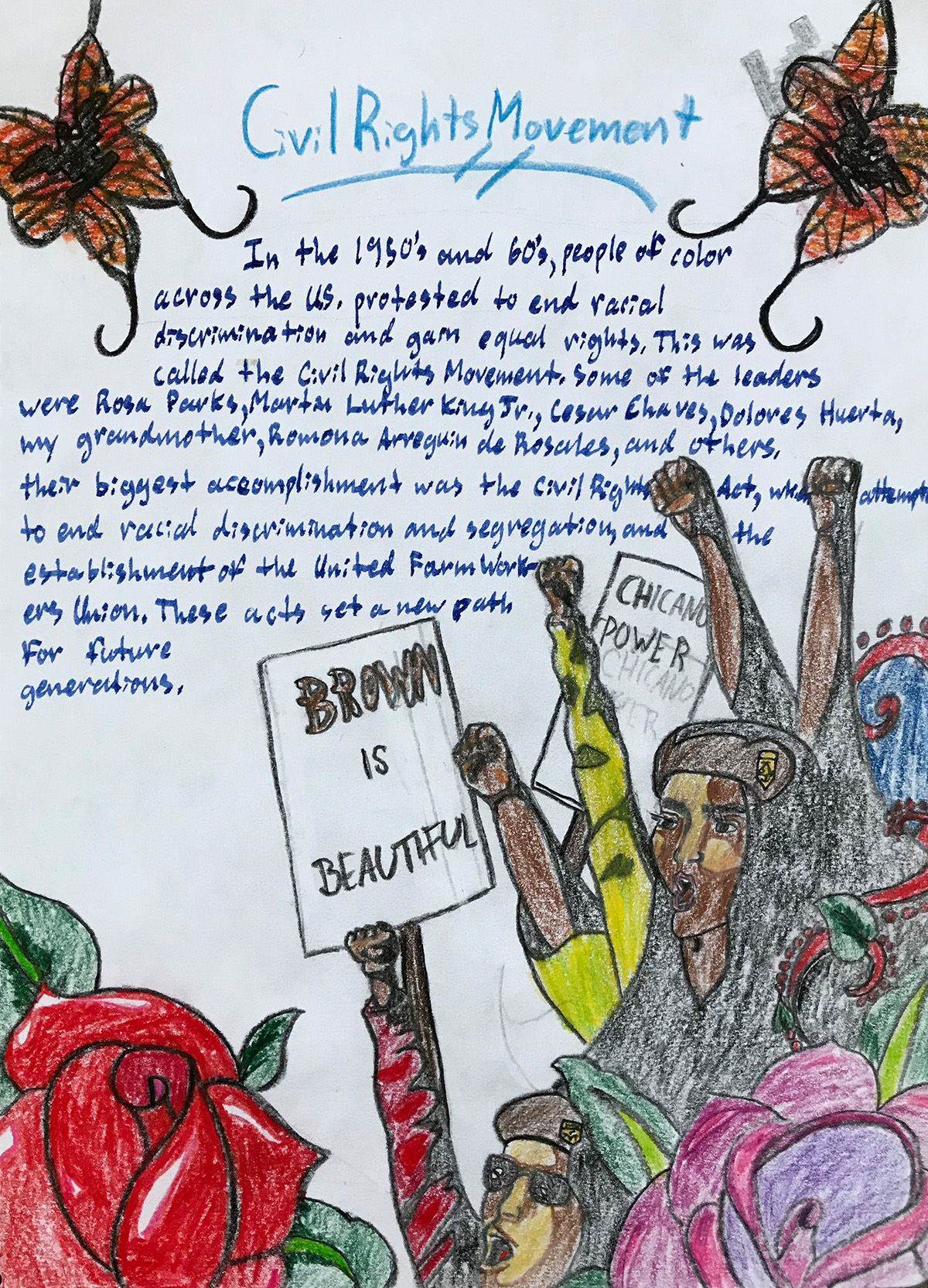 Beautiful Civil Rights lesson book page, handwritten and illustrated by an 8th grade student