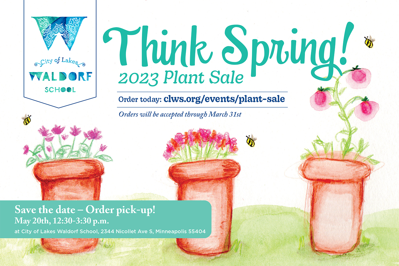 Plant sale postcard, featuring potted plants painted with watercolors