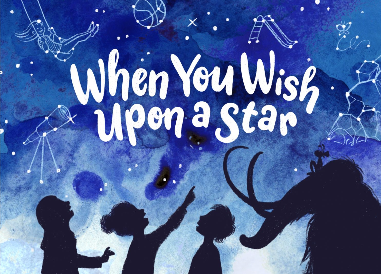 When You Wish Upon a Star illustration, featuring children looking up into a starry night sky and seeing play yard elements -- a climbing wall, swings, basketball, and more.