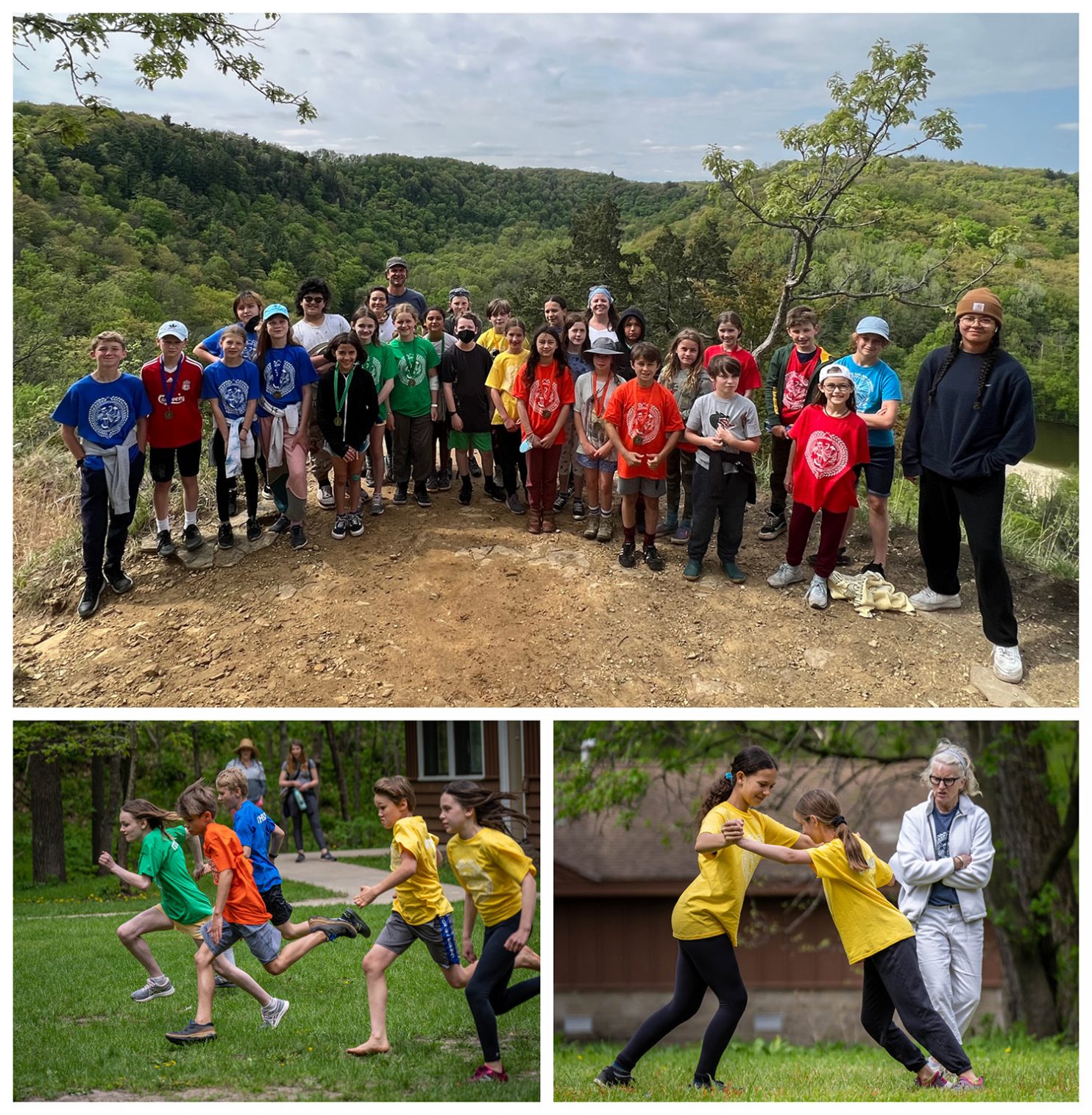 All of the 5th grade students stand on the bluff, overlooking the valley. They're wearing their rainbow-colored Pentathlon shirts, and smiling big smiles -- their final hike of the trip before heading home.