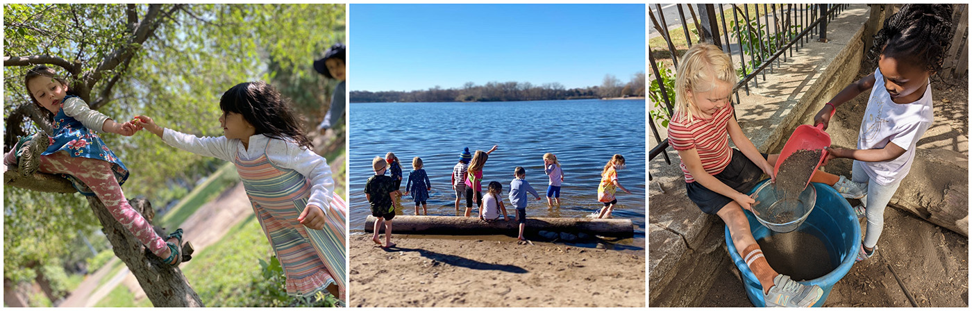 CLWS students playing outdoors, climbing trees, splashing in the lake, and filling buckets with sand.