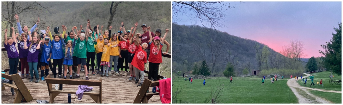 A photo of the 5th graders with arms stretched upwards, cheering after their Pentathlon, and the students play as the sun sets over the beautiful rolling hills of the Driftless region of WI